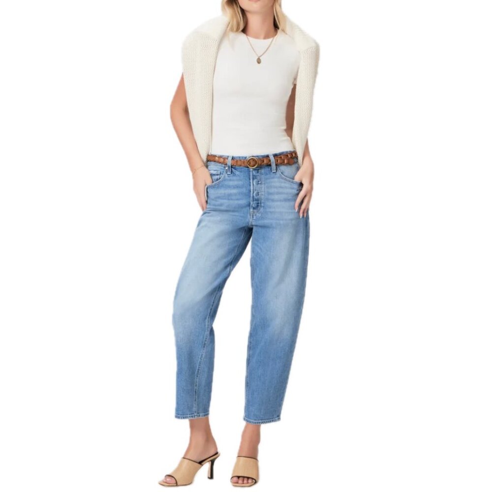 PAIGE Alexis Hi-Rise Barrel Leg Jean Exhibition Distressed Cropped Buttons Sz 28